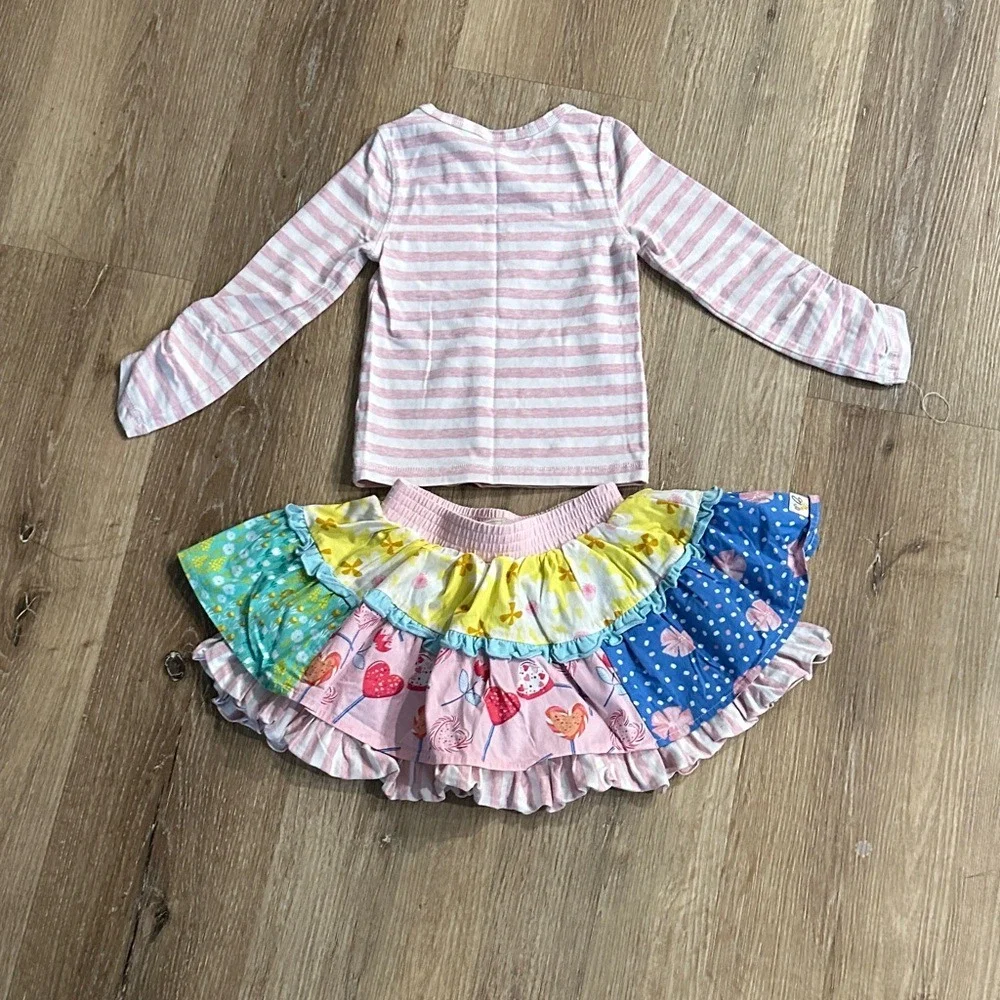 Wildflowers Girls Pink Striped Top and‎ Patchwork Ruffle Skirt Set Size 2
